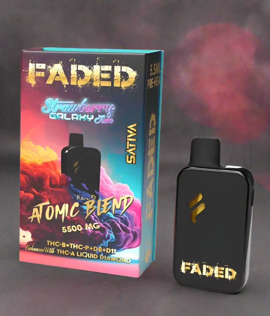 FADED THC-B+THC-P+D6+D11 ENHANCED WITH THC-A LIQUID DIAMOND RECHARGEABLE DISPOSABLE – SATIVA STRAWBERRY GALAXY JAM 5.5ML