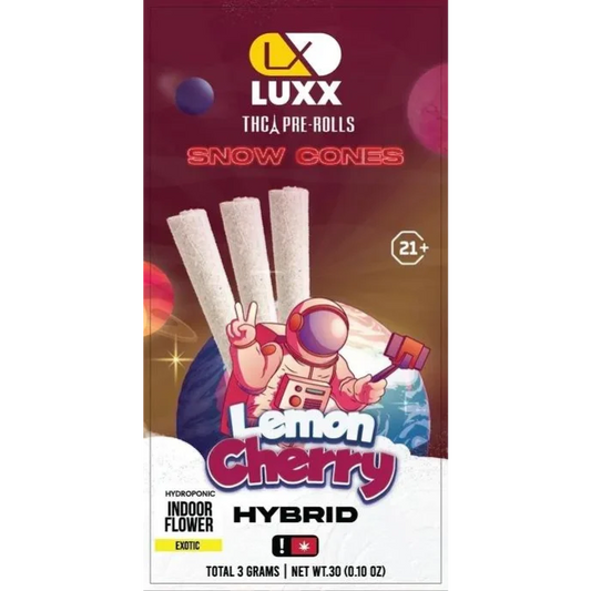 LUXX THCA 3GM Pre Roll Snow Cones – LEMON CHERRY SATIVA – (3 CT Pack/10 Pack in Box)