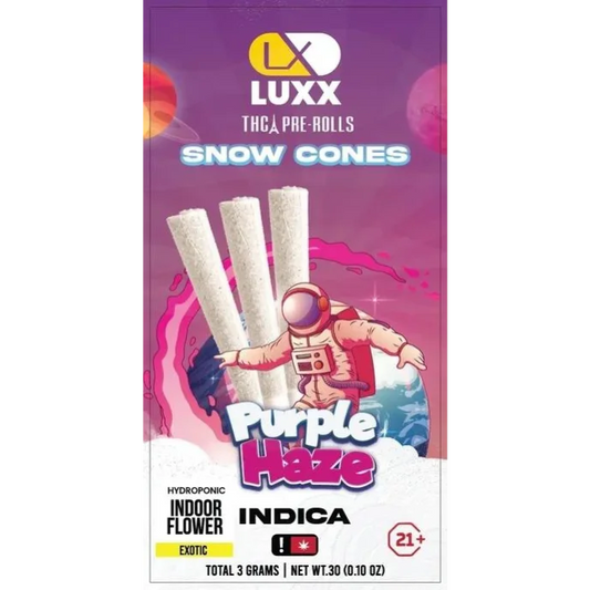 LUXX THCA 3GM PRE ROLLS SNOW CONES – PURPLE HAZE INDICA – 3 CT Pack/10 Pack in Box