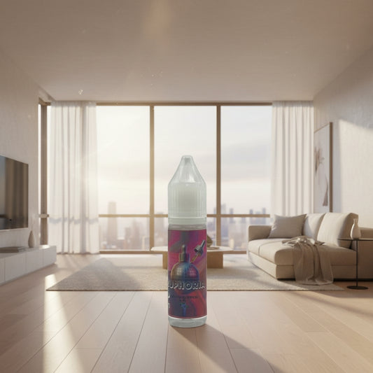E-liquid bottle with colorful label on a white background