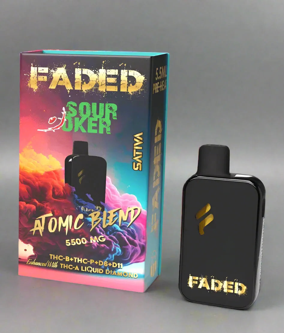 FADED THC-B+THC-P+D6+D11 ENHANCED WITH THC-A LIQUID DIAMOND RECHARGEABLE DISPOSABLE – SATIVA SOUR JOKER 5.5ML