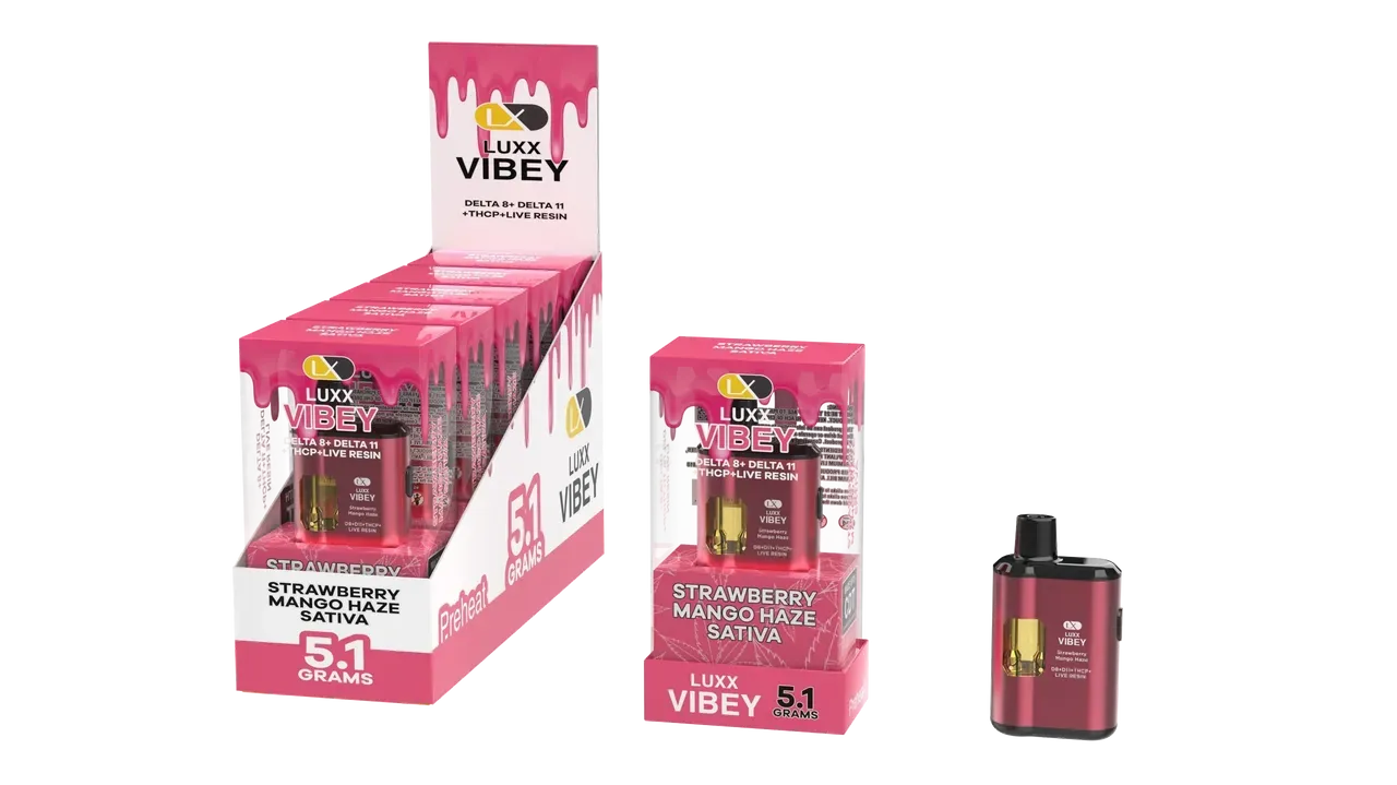 LUXX VIBEY DELTA8+DELTA 11+THCP+LIVE RESIN 5.1GM – STRAWBERRY MANGO HAZE