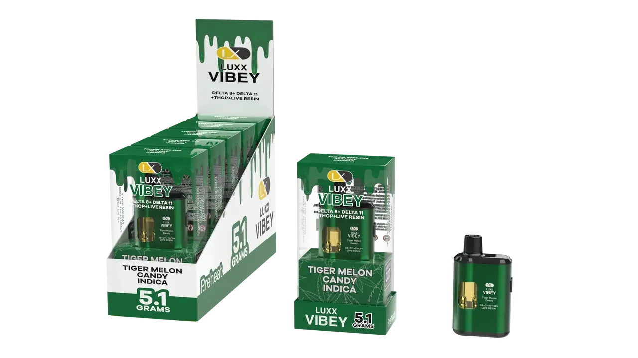 LUXX VIBEY DELTA8+DELTA 11+THCP+LIVE RESIN 5.1GM – TIGER MELON CANDY