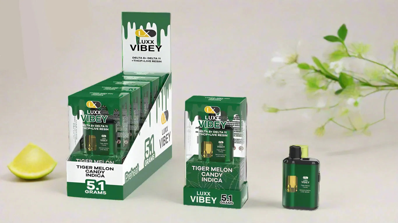 LUXX VIBEY DELTA8+DELTA 11+THCP+LIVE RESIN 5.1GM – TIGER MELON CANDY