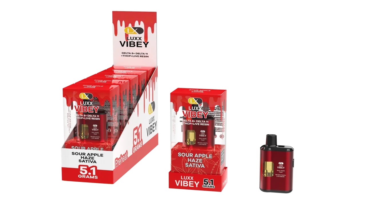 LUXX VIBEY DELTA8+DELTA 11+THCP+LIVE RESIN 5.1GM – SOUR APPLE HAZE SATIVA