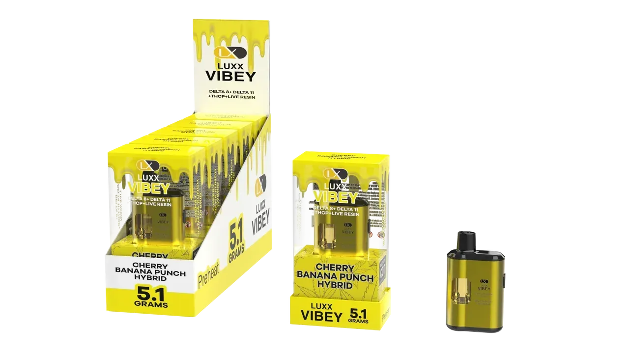 LUXX VIBEY DELTA8+DELTA 11+THCP+LIVE RESIN 5.1GM – CHERRY BANANA PUNCH (HYBRID)