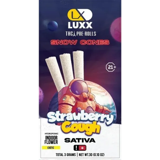 LUXX THCA PRE ROLLS SNOW CONES – STRAWBERRY COUGH 3 GM SATIVA (3 CT Pack)